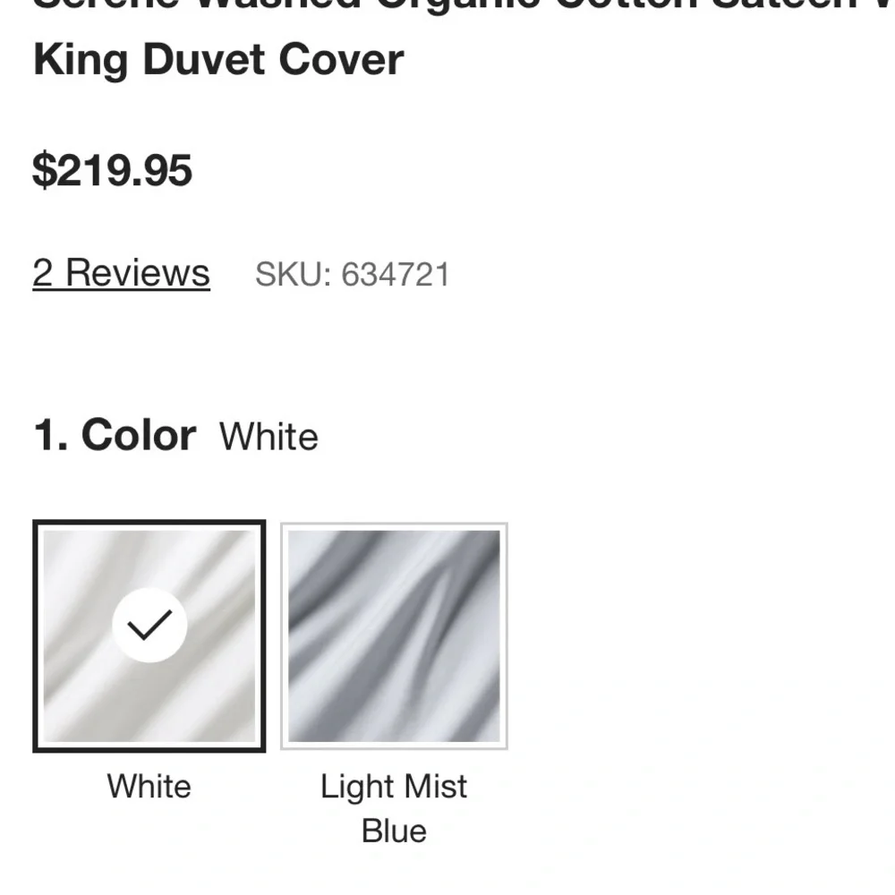 Crate&Barrel Organic Cotton Sateen White KING Duvet Cover